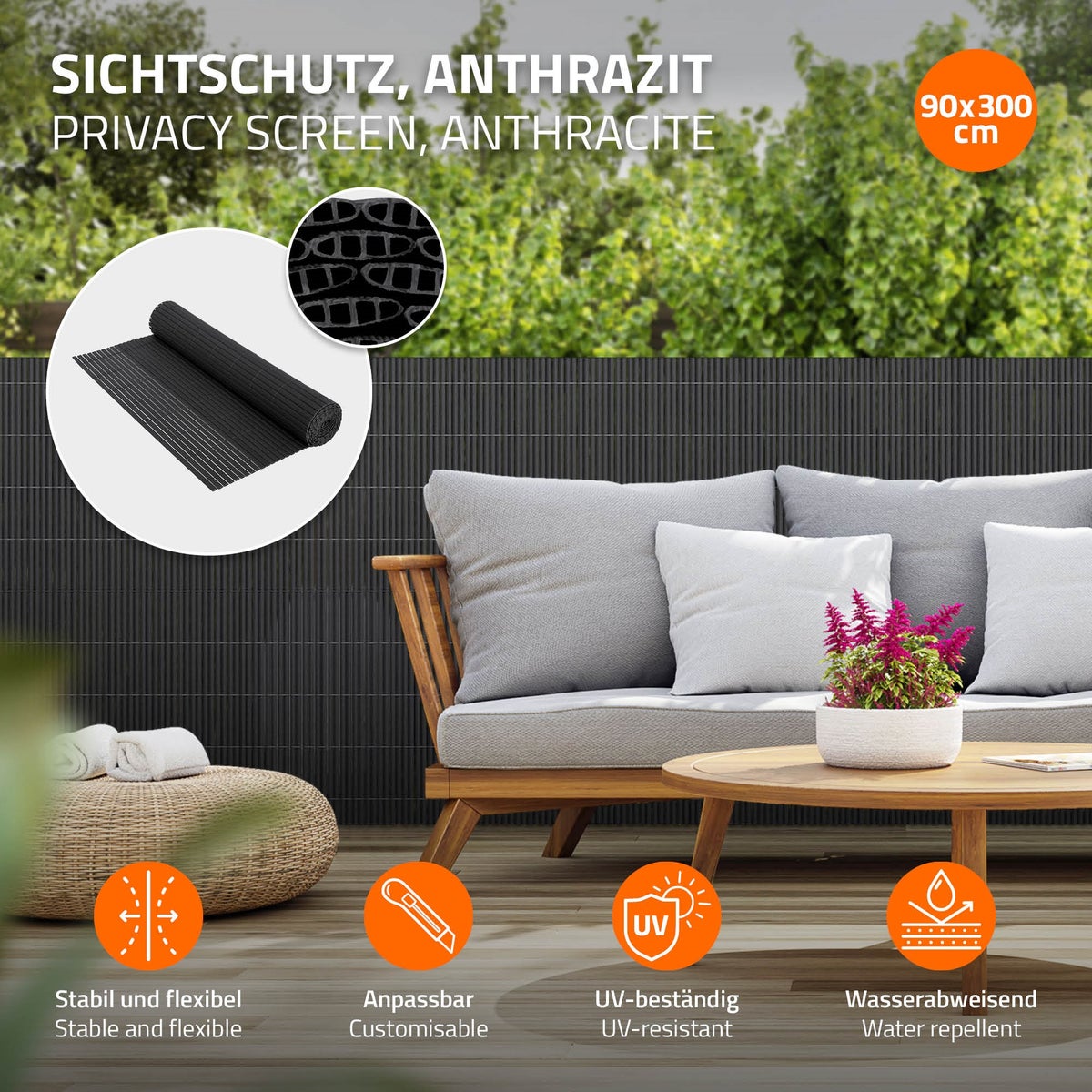 ECD Germany PVC-inkijkschermmat 90x300 cm, antraciet, inkijkscherm met 3-voudige wapening, UV-bestendig, waterdicht, windwerend, balkonbekleding, schuttingscherm, inkijkscherm voor tuin, balkon, terras