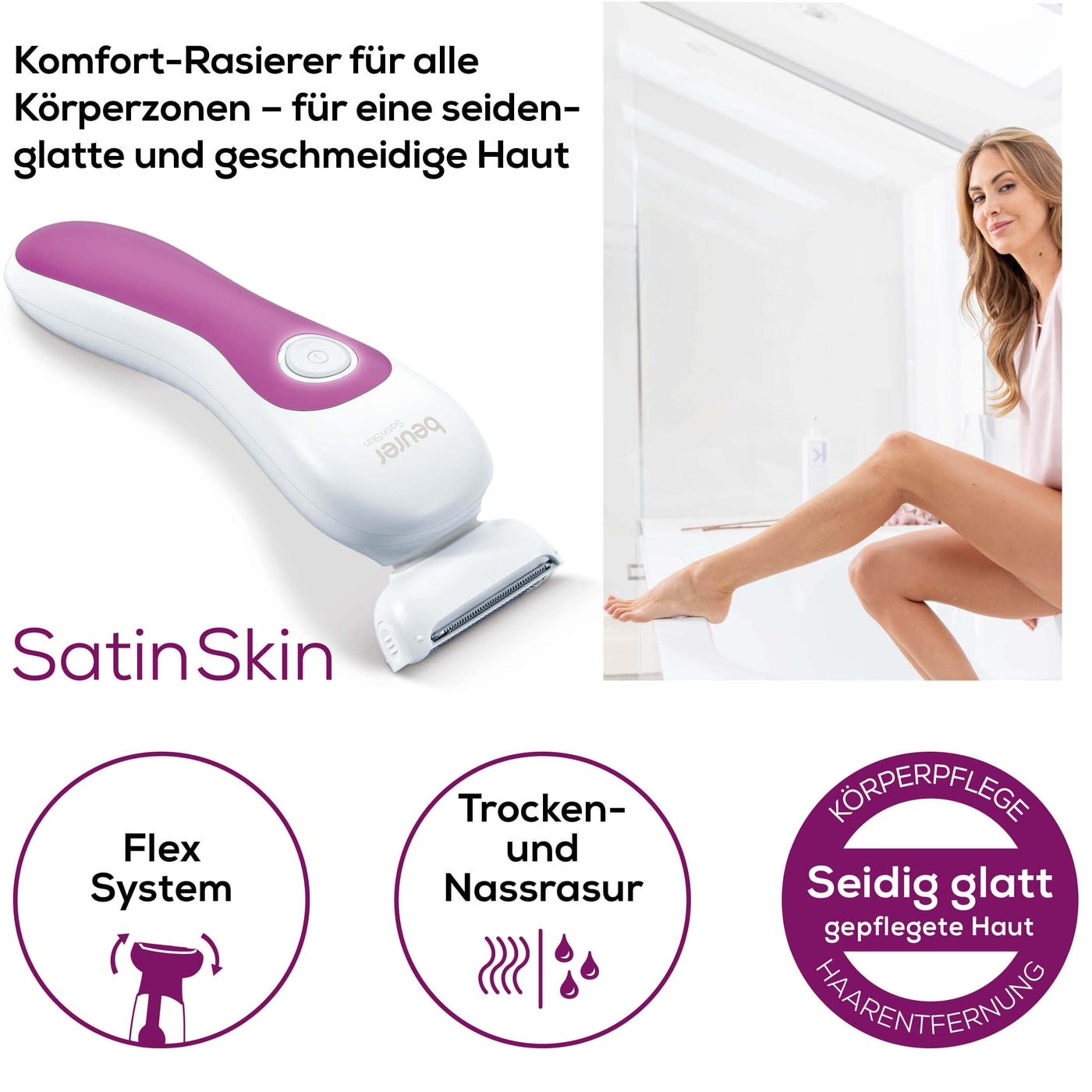 HL 36 Elektrischer Damen Rasierer Wet & Dry mit Ladestation / Peeling- / Gleit- / Trimmaufsätzen (57613) - Weiss / Lila