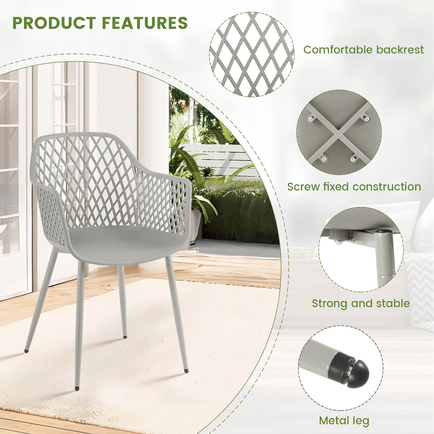 Gartenstühle 4er Set, Garten Sessel Outdoor, Gartenstuhl Kunststoff Terrassenstühle Balkonstühle, Metallstuhlbeine, 120 kg belastbar, Grau