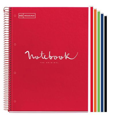 Notebook Emotions, couverture souple, A4 lignes horizontales 7 mm, 120 feuilles de 5 couleurs, Miquelrius, Rouge.
