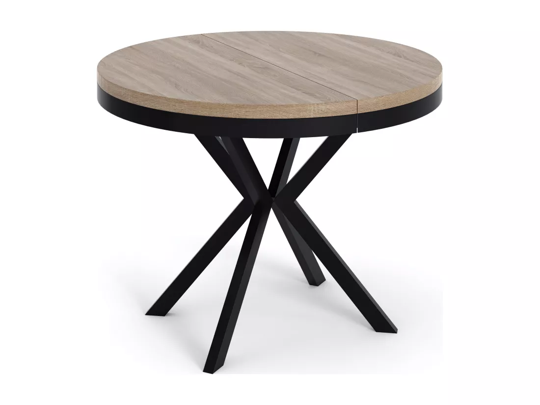 Table à Manger Extensible Ronde - Table Style Loft Avec Pieds En Métal - 90 à 170 Cm - Table Ronde Style Industriel Pour Le Salon - Compacte - Chêne Sonoma/noir - 9