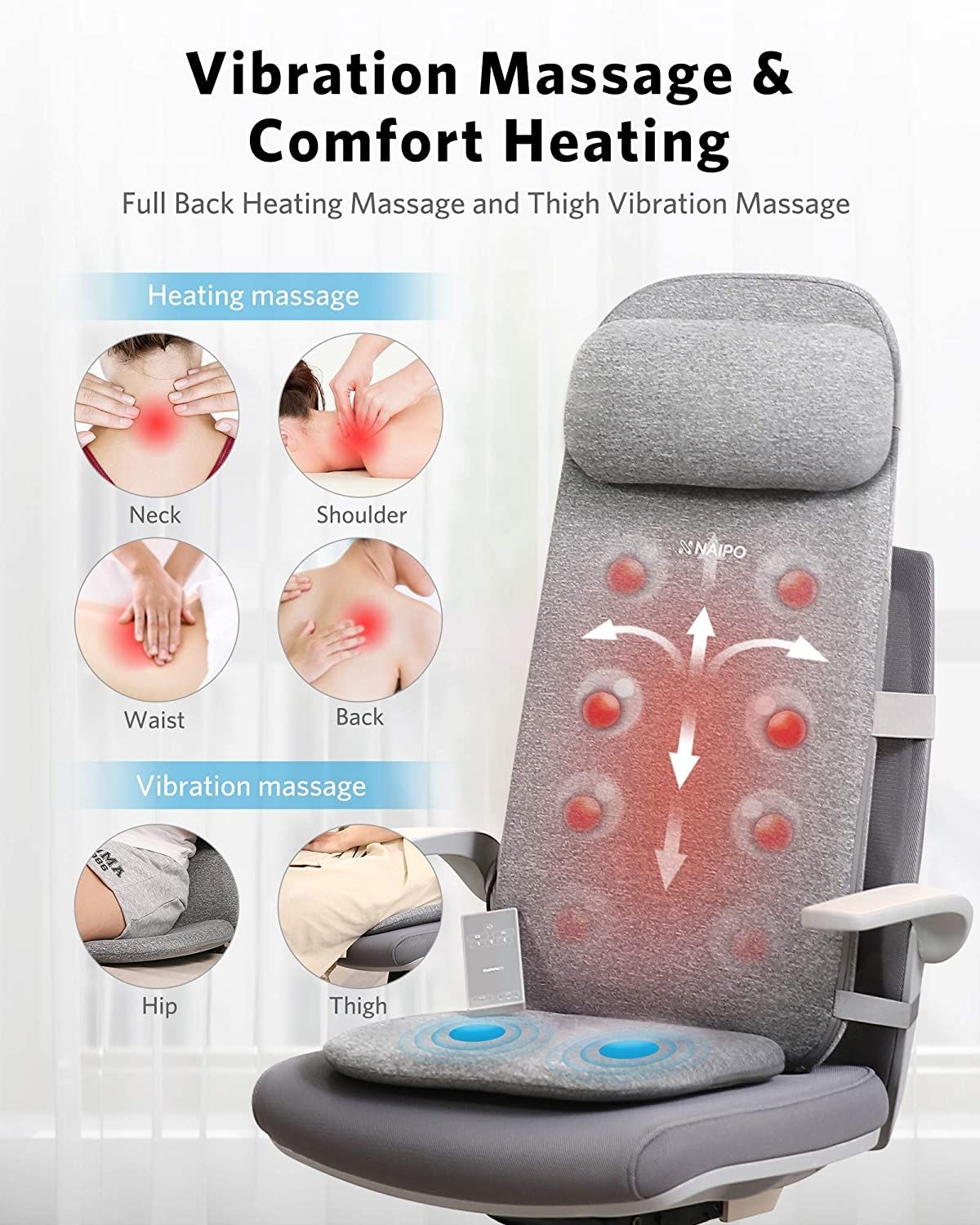 NAIPO Shiatsu-Massagesitzauflage Rückenmassagegerät, Wärme, Hüftvibration