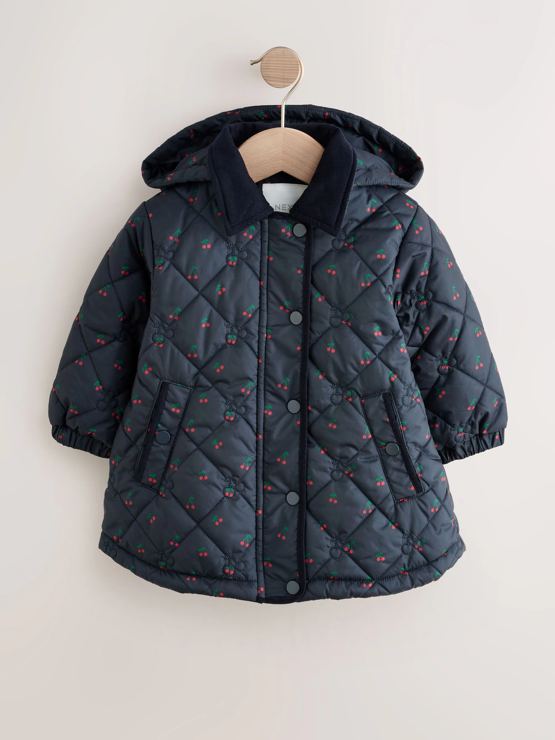 Marineblauw met kersen - Regenbestendige geborduurde jas met kraag (3mnd-7jr)