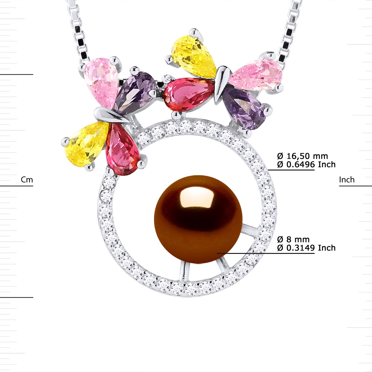 Collier PAPILLONS Perle d'Eau Douce Ronde 8-9 mm Chocolat Argent 925