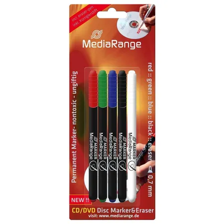 MediaRange CD DVD Marker + Eraser 4 Stück je 1x schwarz, rot, blau und grün