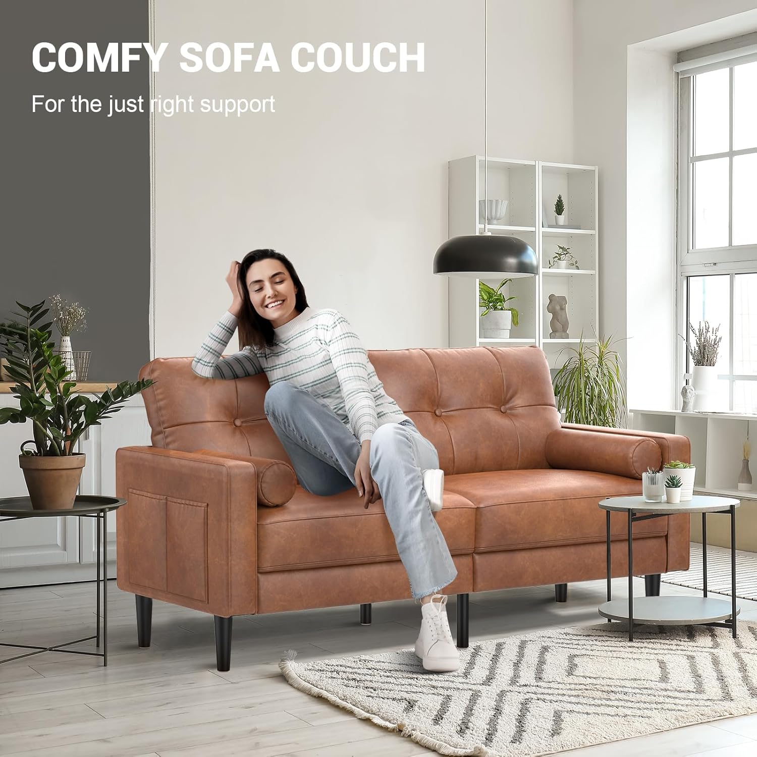 2-Sitzer-Sofa Modern Dick Gepolstert 2 Kissen Komfortables Leder Sofa mit 2 Staufächern für Wohnzimmer Schlafzimmer Büro Einfach zu montieren Klein