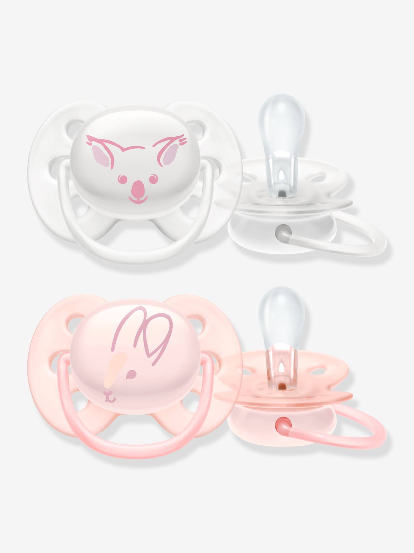 Pacote com 2 chupetas ultramacias Philips AVENT, modelo 1st, brancas lisas com estampas.