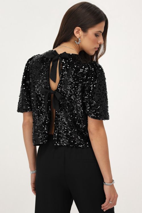 Zwarte pailletten top met strikjes
