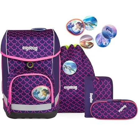 ergobag CUBO Set PerlentauchBär LUMI Edition, ergonomischer Schulrucksack, Set 5-teilig