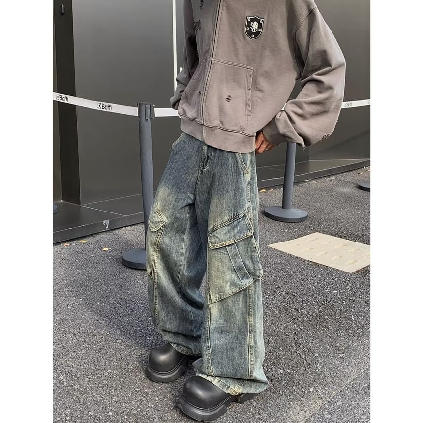 Kenning - Low Waist Washed Wide Leg Cargo Jeans