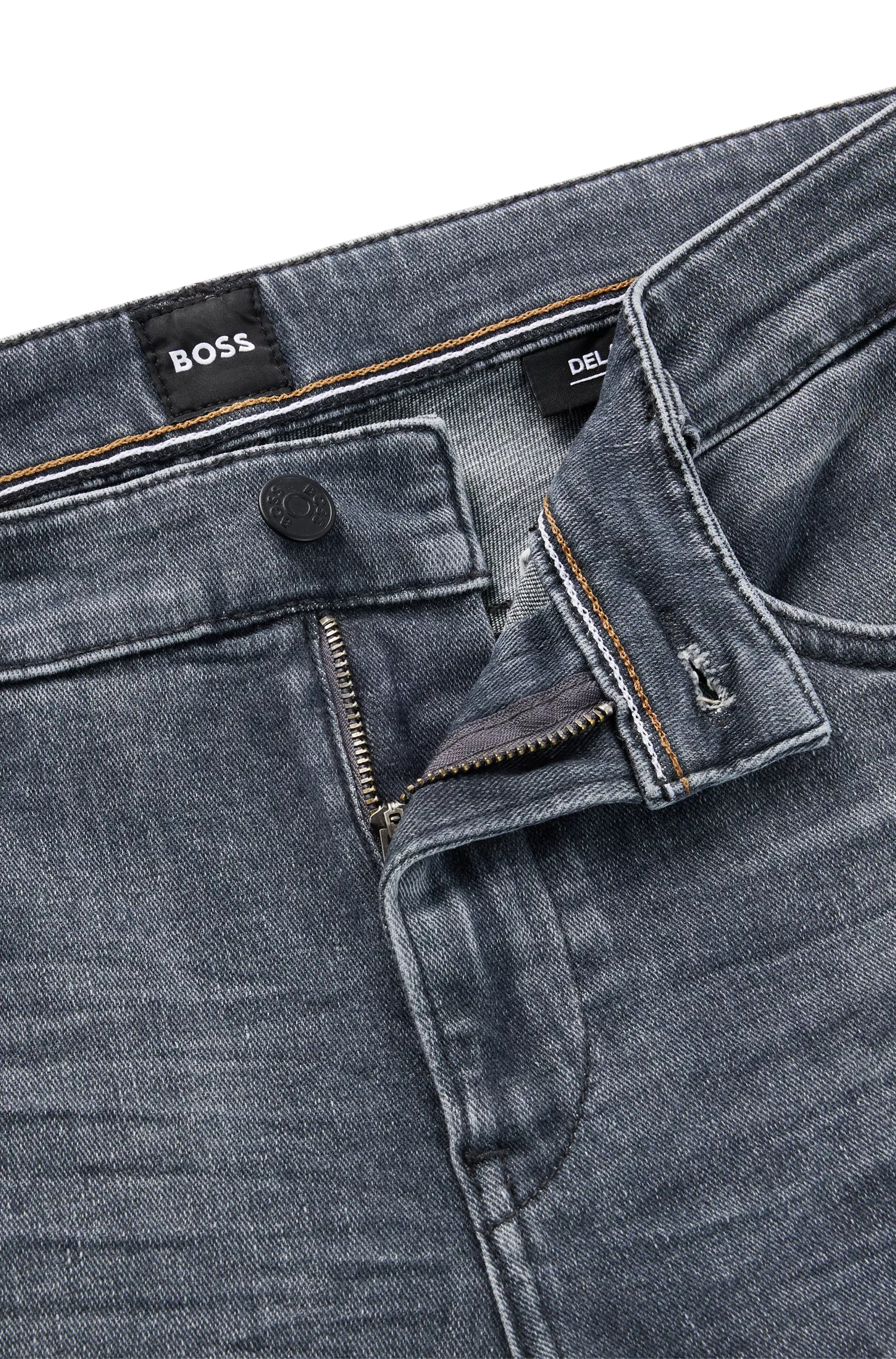 Calça jeans BOSS preta, corte slim, em denim italiano cinza supermacio.