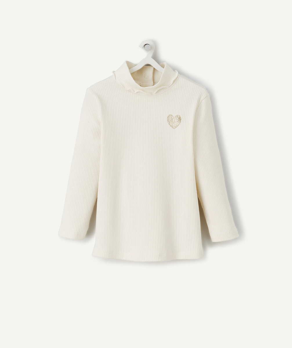 SOUS-PULL CÔTELÉ BÉBÉ FILLE ÉCRU AVEC PATCH COEUR À PAILLETTES