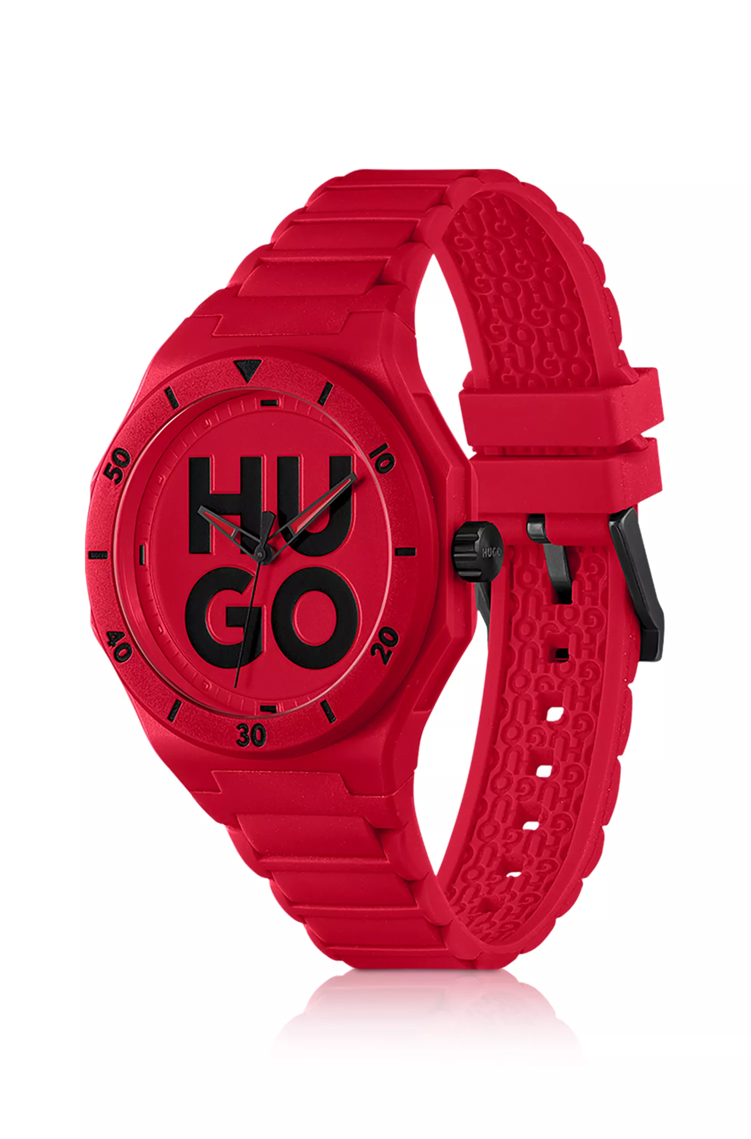 Relógio HUGO vermelho com pulseira de silicone na mesma cor.