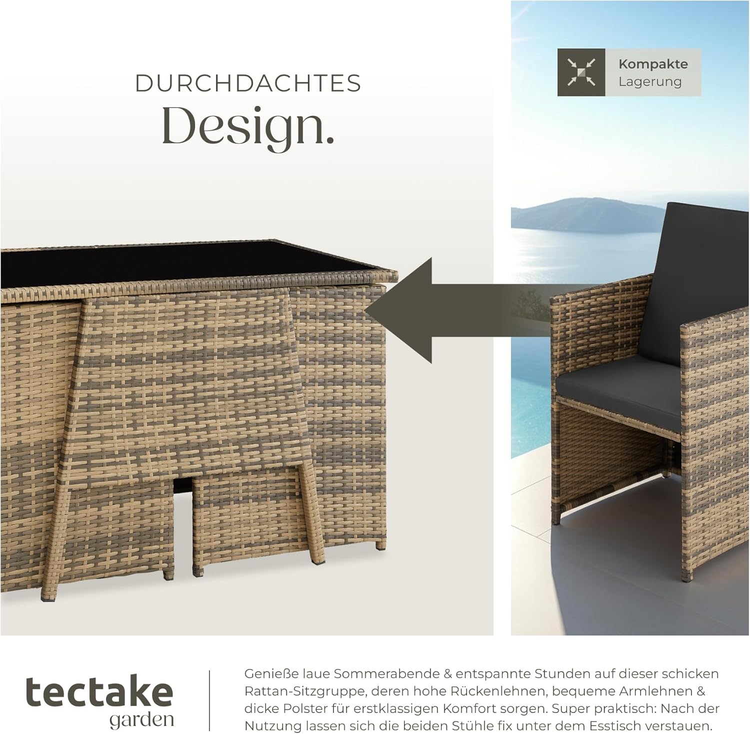 tectake® Poly Rattan Sitzgruppe für 2 Personen, Outdoor Möbel platzsparend zusammenschiebbar, 2 Sessel & 1 Tisch, ideales Balkon Lounge Set, Gartenmöbel, Terrassenmöbel wetterfest - Natur