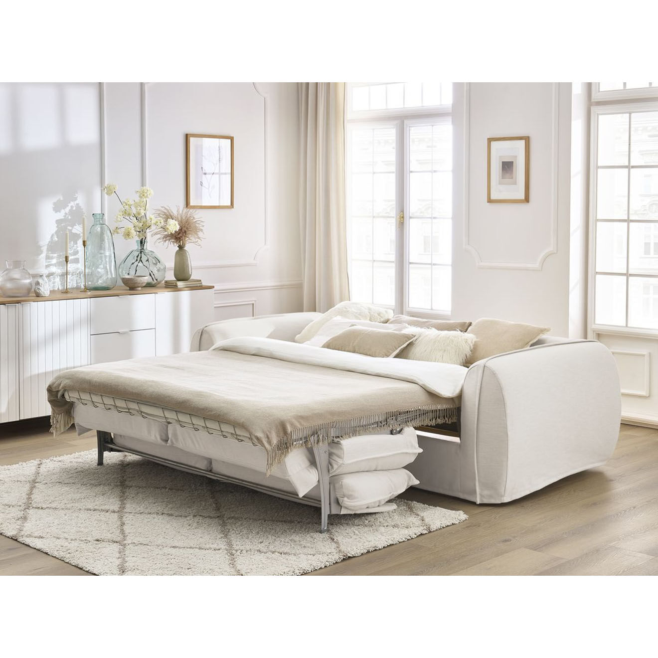 Bobochic Canapé droit convertible express 3 places Archimède 140 beige - 216x106x93 cm