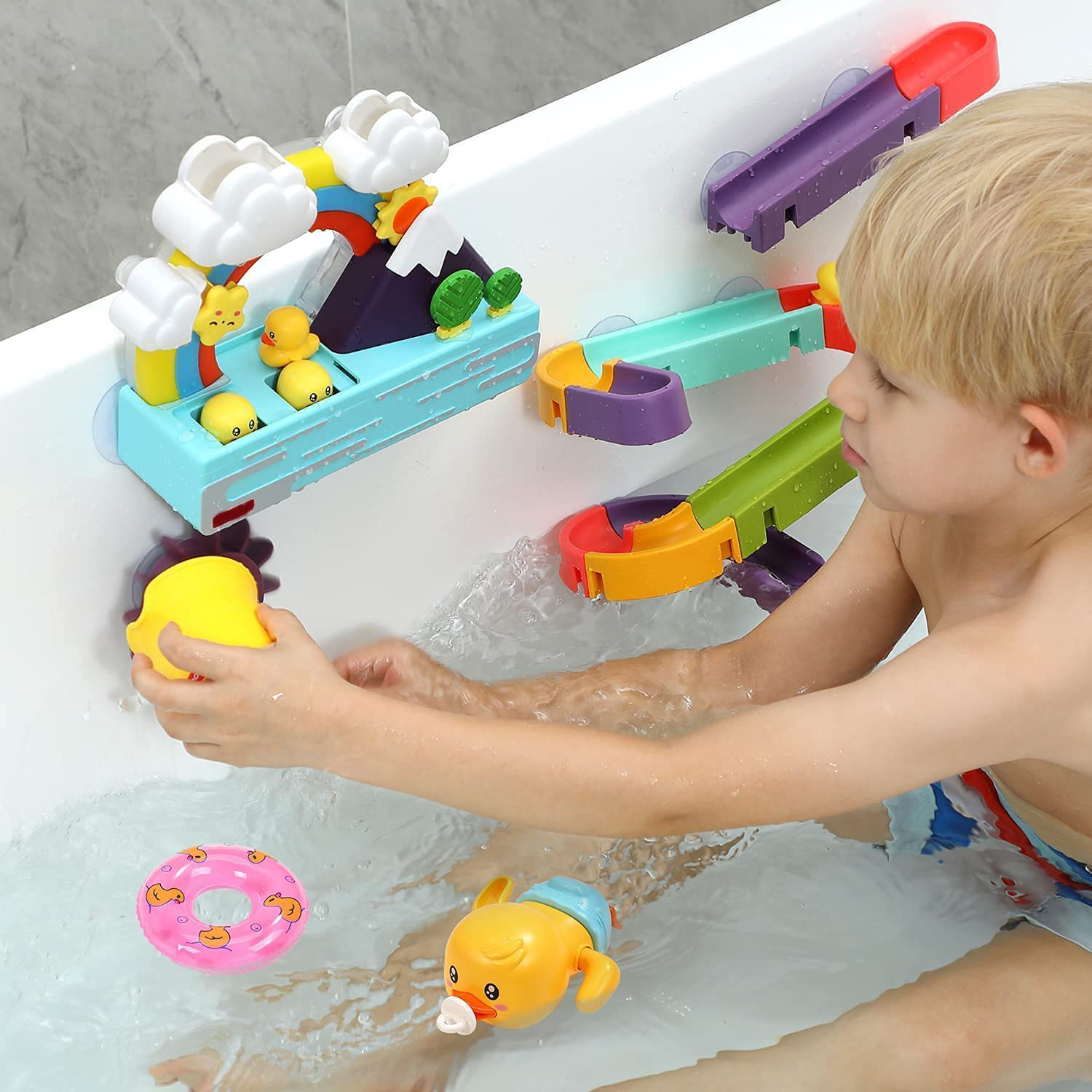 (27-tlg. Set) Badewannen Kinder Spielzeug Interaktives Wasser Spiel mit Musik / Saugnäpfe (Batteriebetrieben) - Enten Rutschbahn