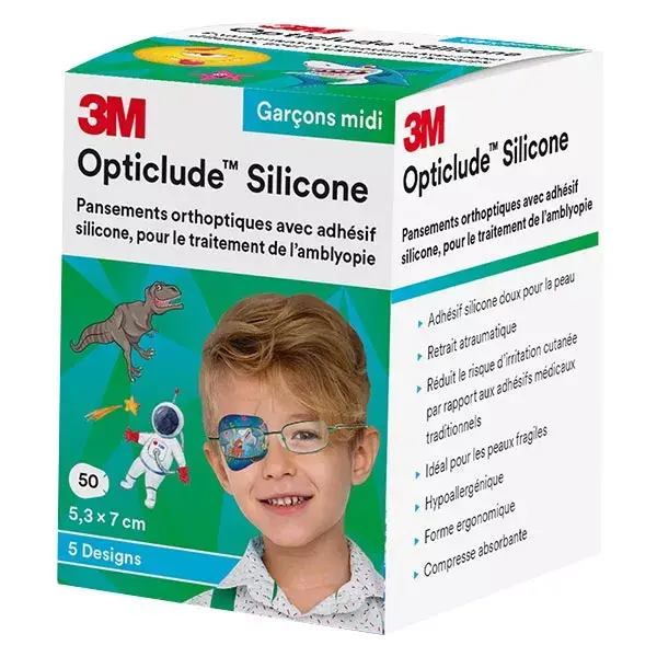 Curativos ortopédicos de silicone 3M Opticlude para meninos, tamanho médio, 5,3 cm x 7 cm, 50 unidades