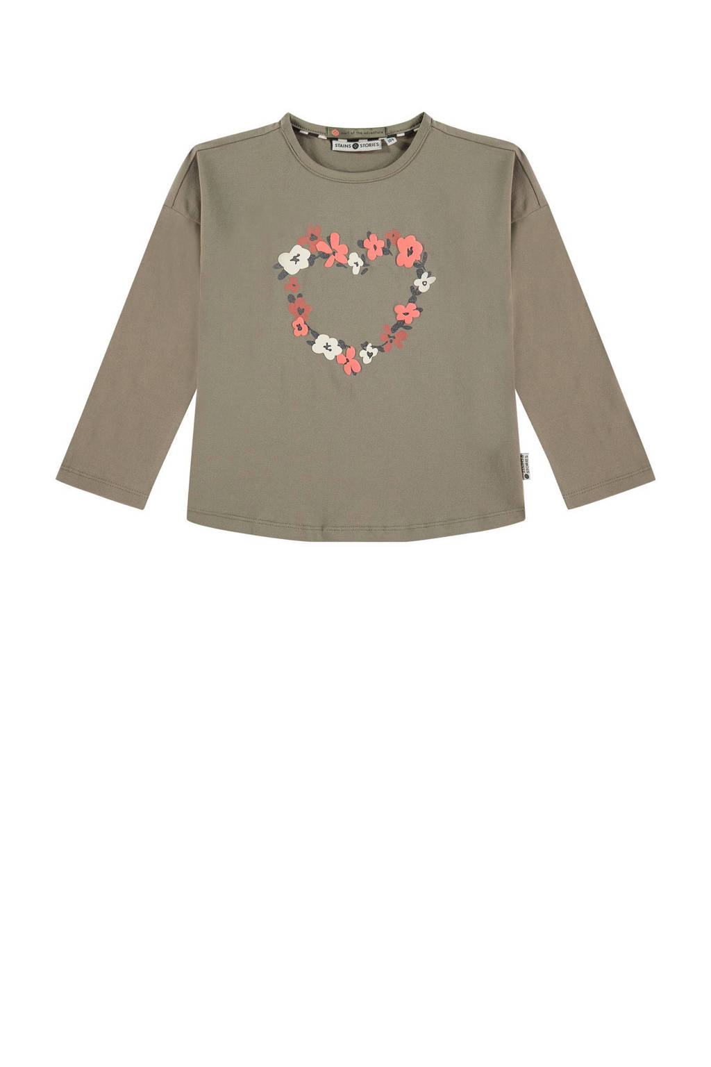 Stains&Stories longsleeve met printopdruk legergroen/roze