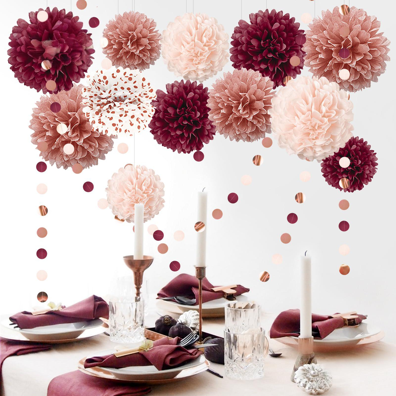 (15-tlg. Set) Papier Pompon's Deko Kreis Girlande Party / Geburtstag / Hochzeit - Roségold / Rosa / Bordeux