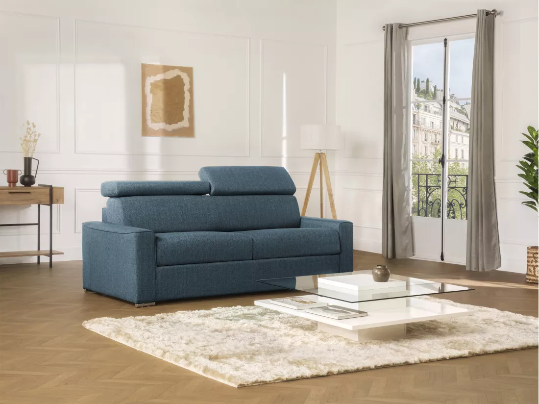 Canapé 4 places convertible express en tissu bleu - couchage lattes larges 160 cm - Matelas 22 cm avec mémoire de forme VIZIR