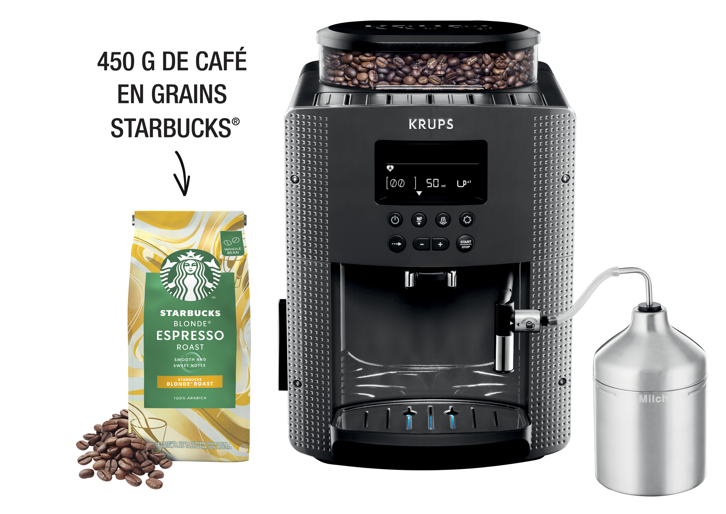 Essential, Machine à café à grain, 3 boissons Ecran LCD, mousseur, café Starbucks
