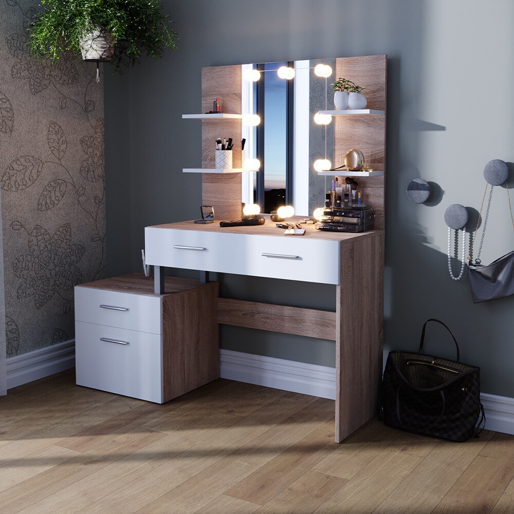 Vicco Schminktisch Frisiertisch Frisierkommode Maria Weiß Sonoma Spiegel LED 132x145 cm modern Ablage