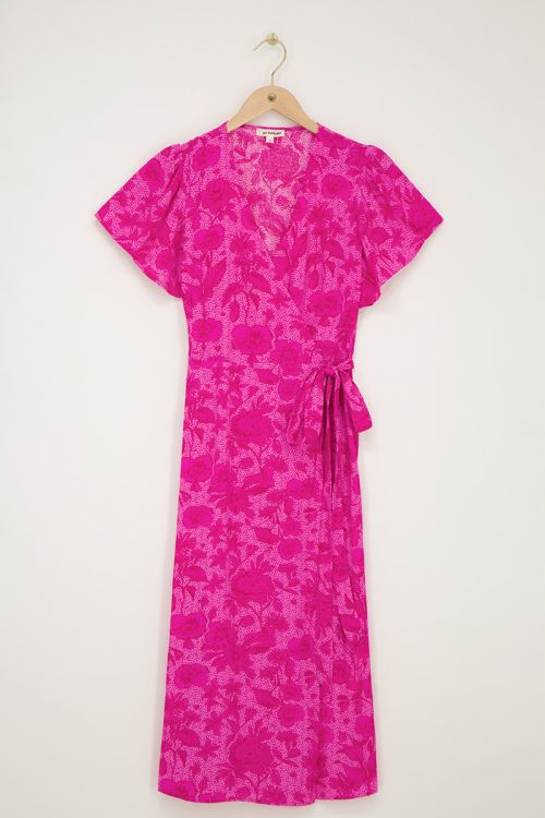 Roze midi wikkeljurk met bloemenprint