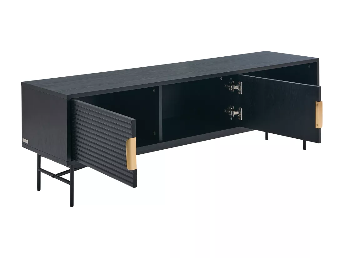 Meuble TV avec 2 portes et 2 niches placage chêne et métal - Noir et Doré - SIRIOLA