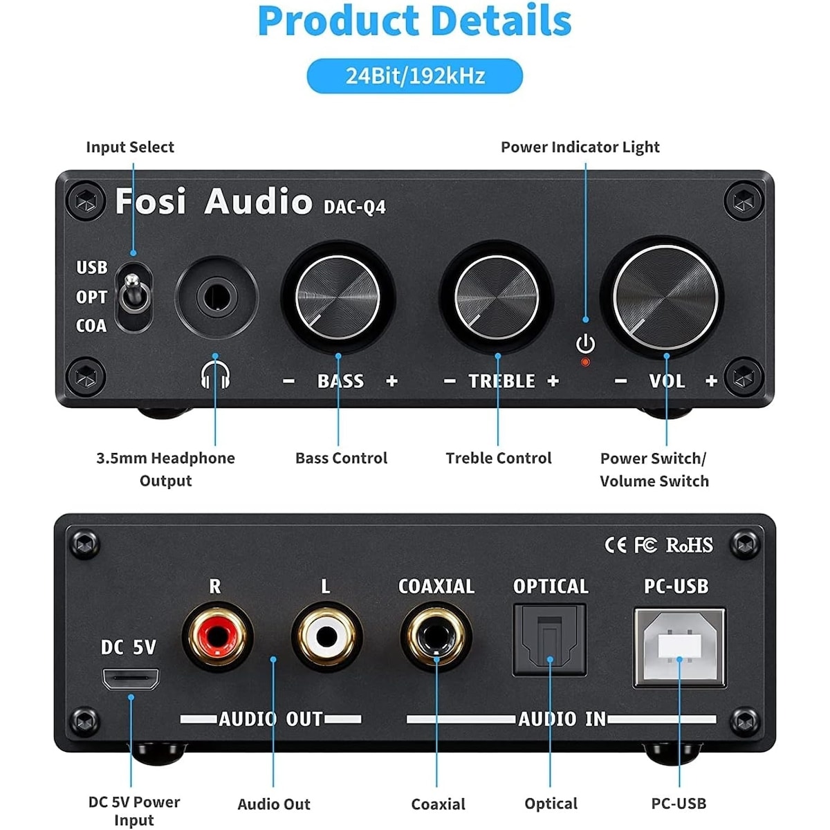 Fosi Audio Mini DAC og hodetelefonforsterker, 24-bit/192kHz USB/optisk/koaksial til RCA/AUX