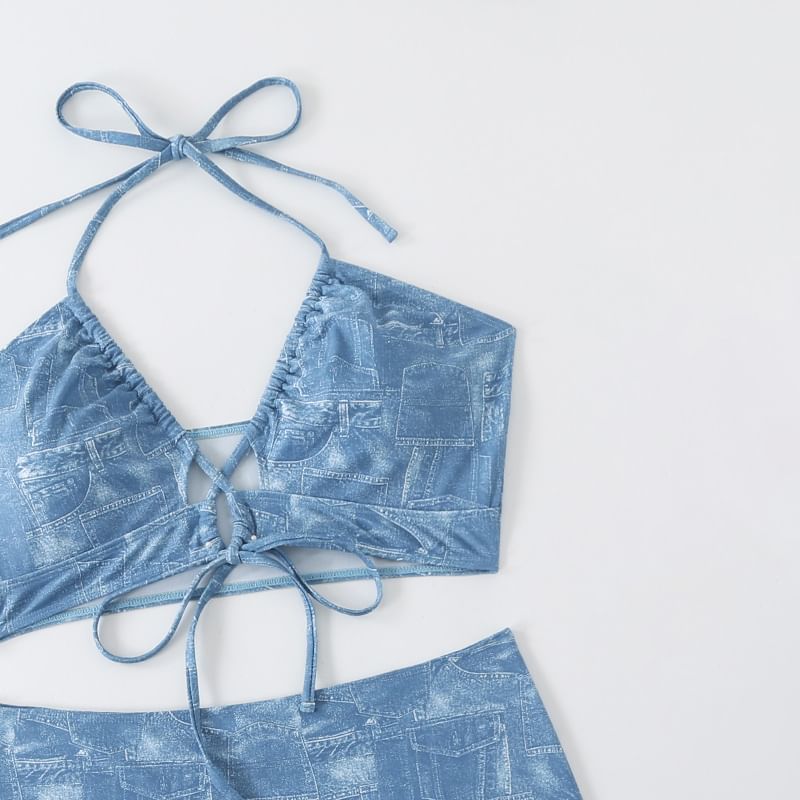 Sancus - Set: Halter bikini met print + omslagjasje + omslagrok
