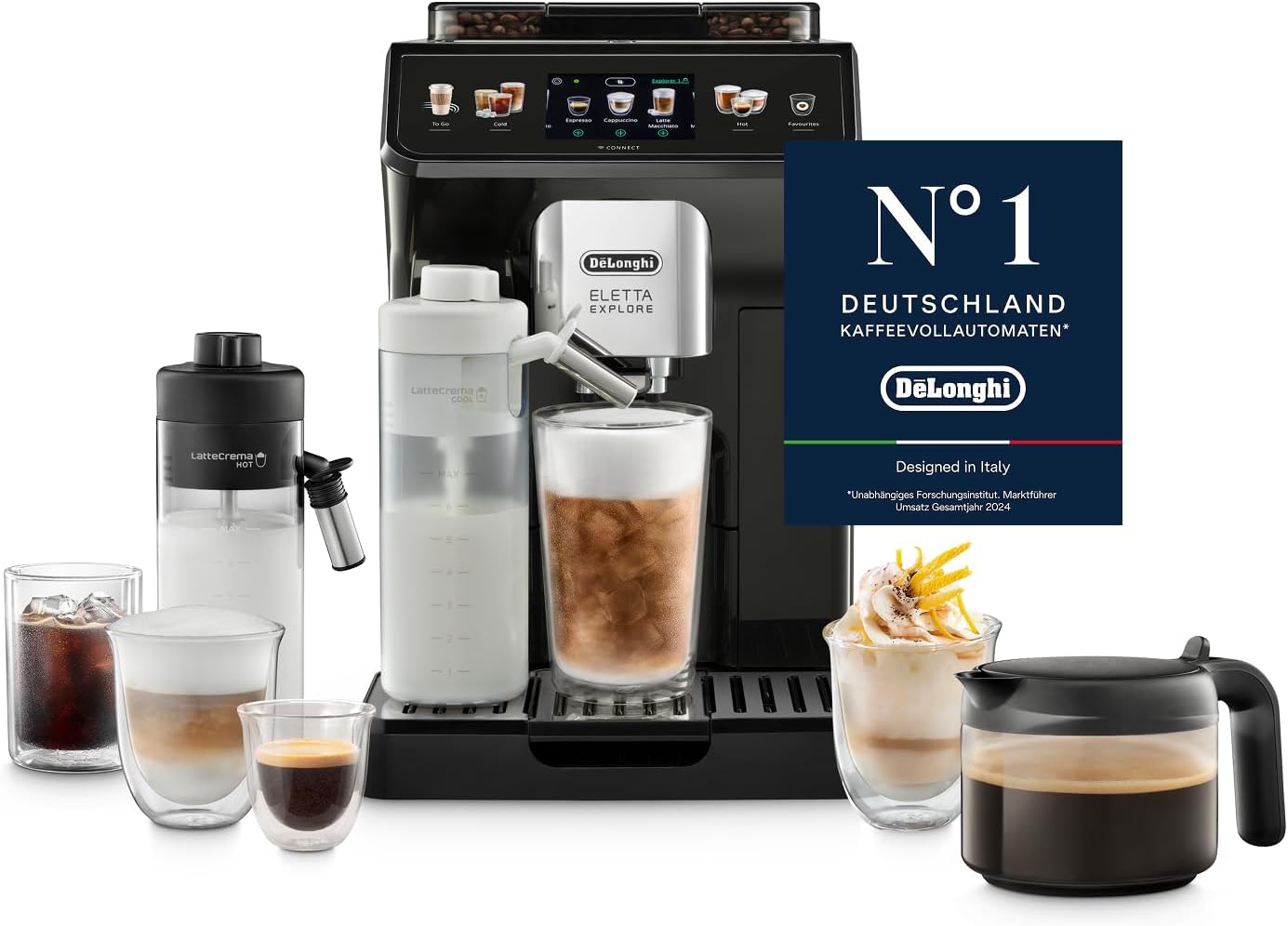 De'Longhi Eletta Explore - Perfetto Kaffeevollautomat mit LatteCrema-Milchaufschäumer, 50 Getränke inklusive Cold Brew auf Knopfdruck, farbiges Touch-Display, Dunkelgrau (ECAM452.67.G)