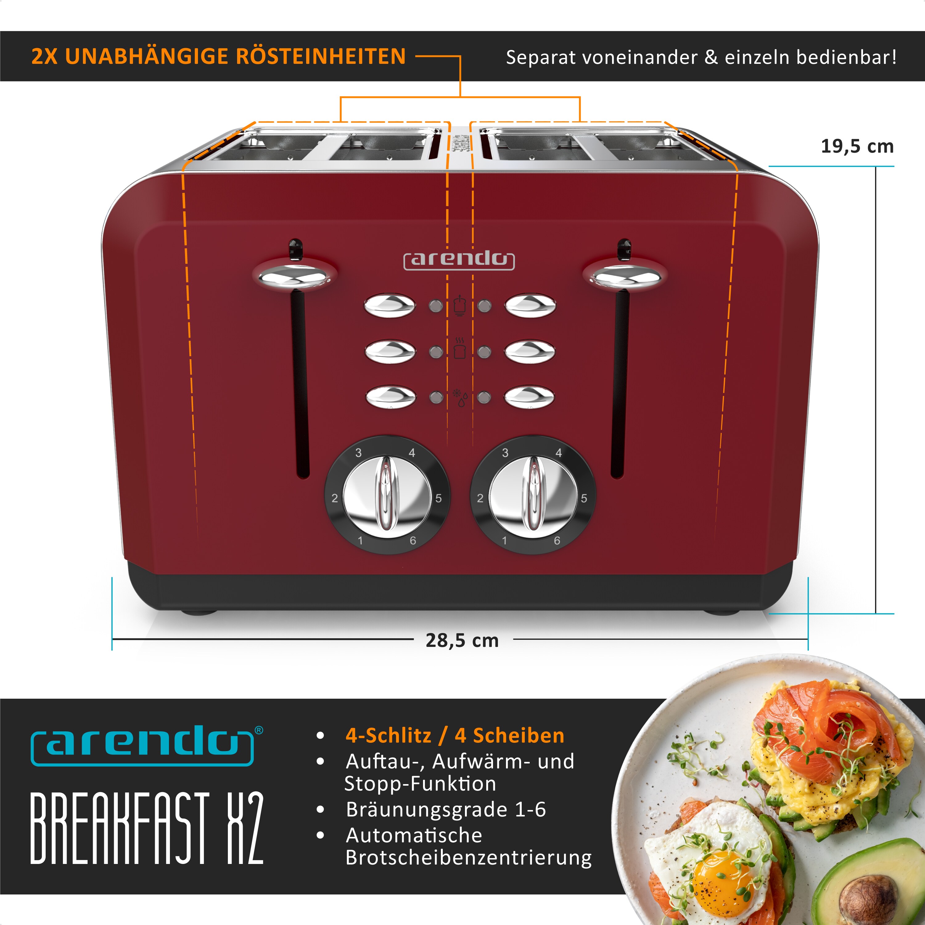 Arendo Toaster 4-Schlitz im Edelstahlgehäuse für 4 Scheiben, extrabreite Röstschlitze, leichte Reinigung, Rot