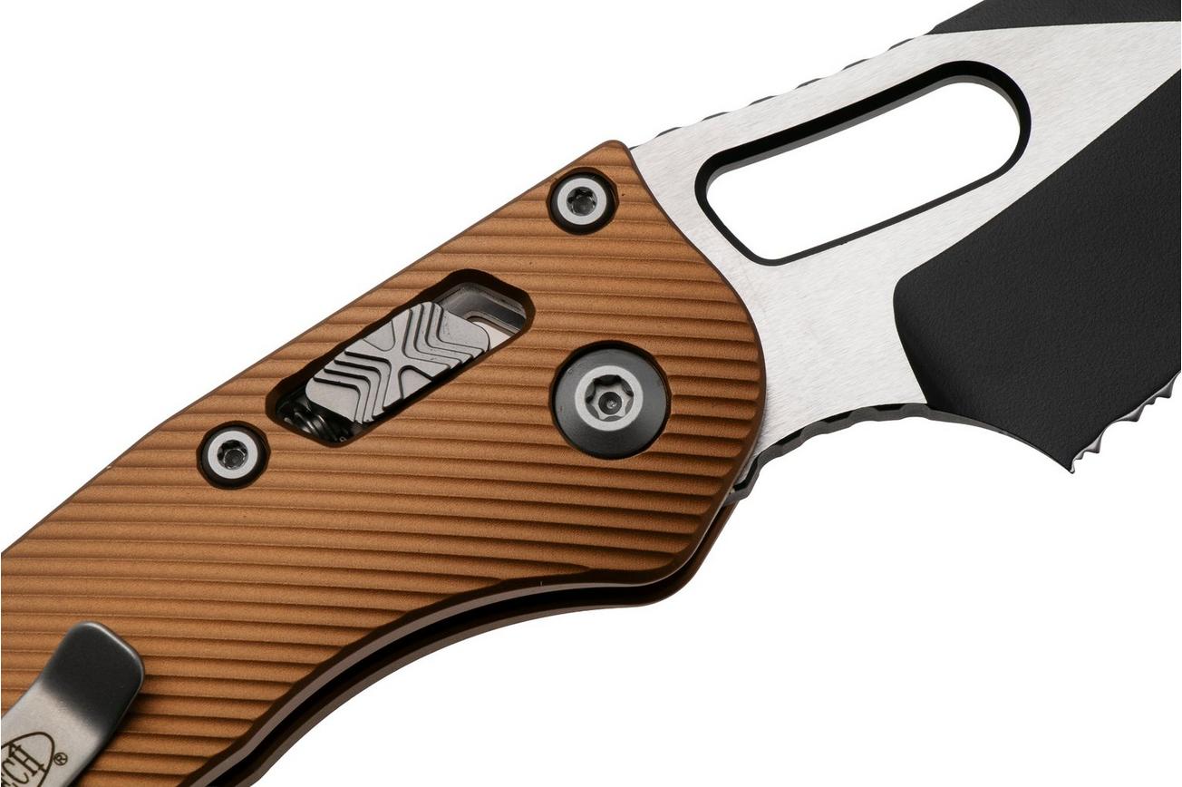 Microtech Stitch 169RL-2FLTA, Black Two Tone M390MK, Fluted Tan Aluminum, partial serrated zakmes, Borka Blades design