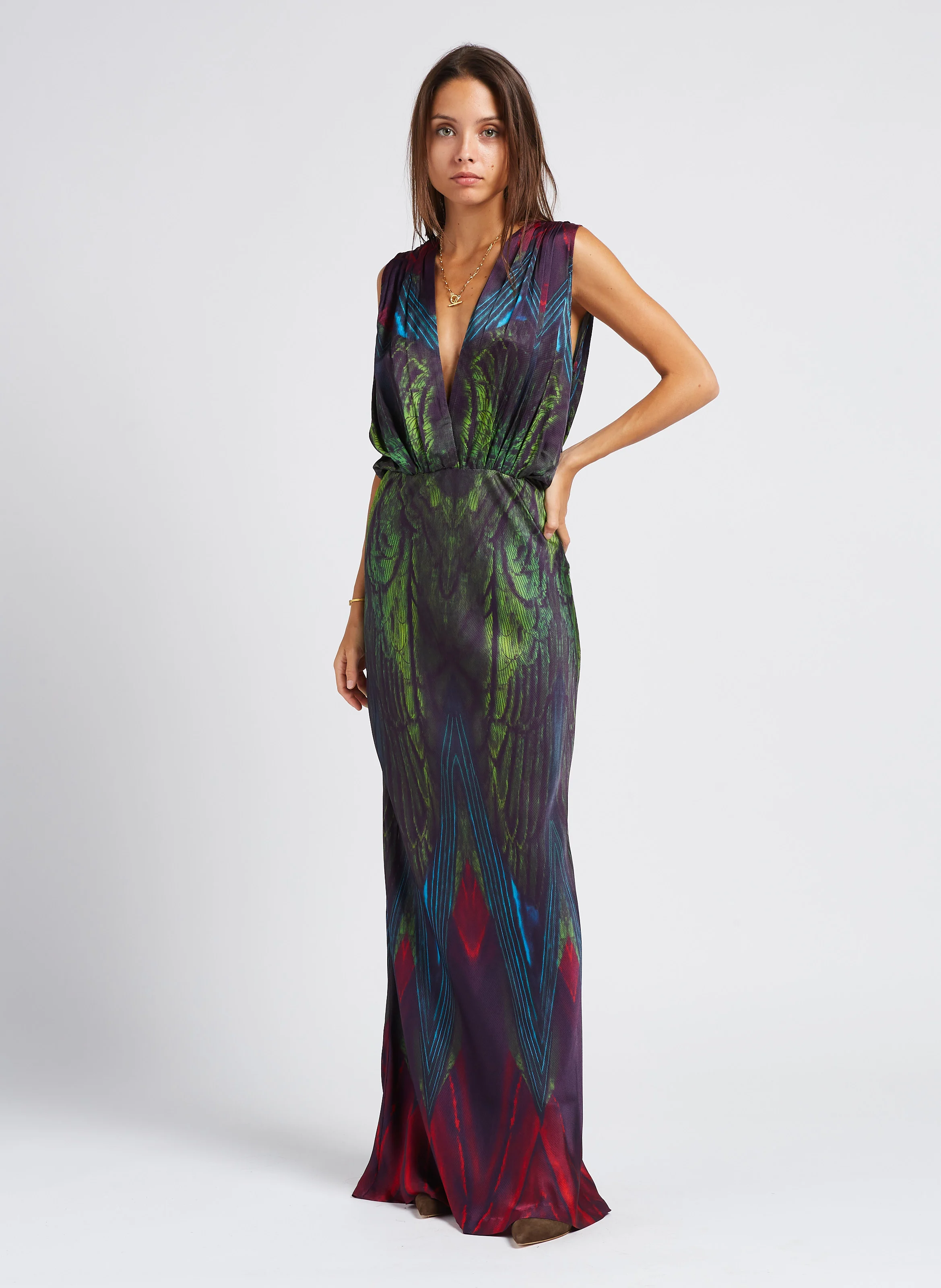 ILANE - Robe longue col V en satin imprimé | Multicolore
