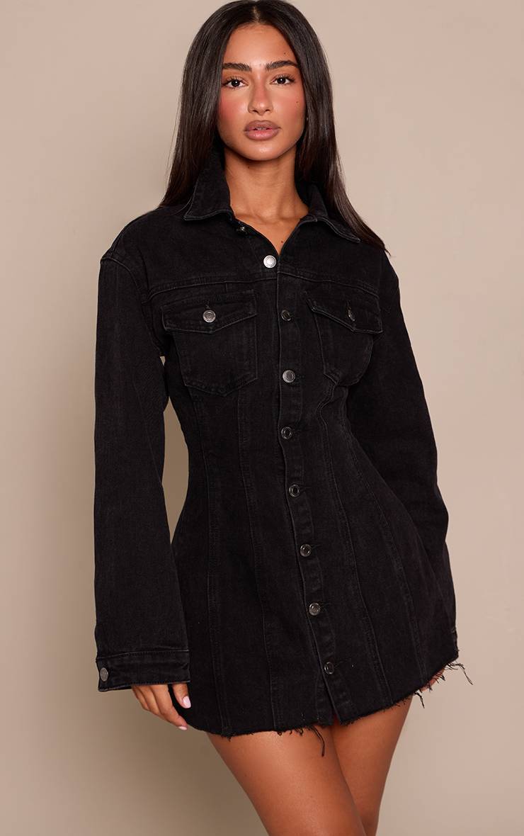Noir Robe Mini Ajustée En Denim À Manches Longues Petite Taille