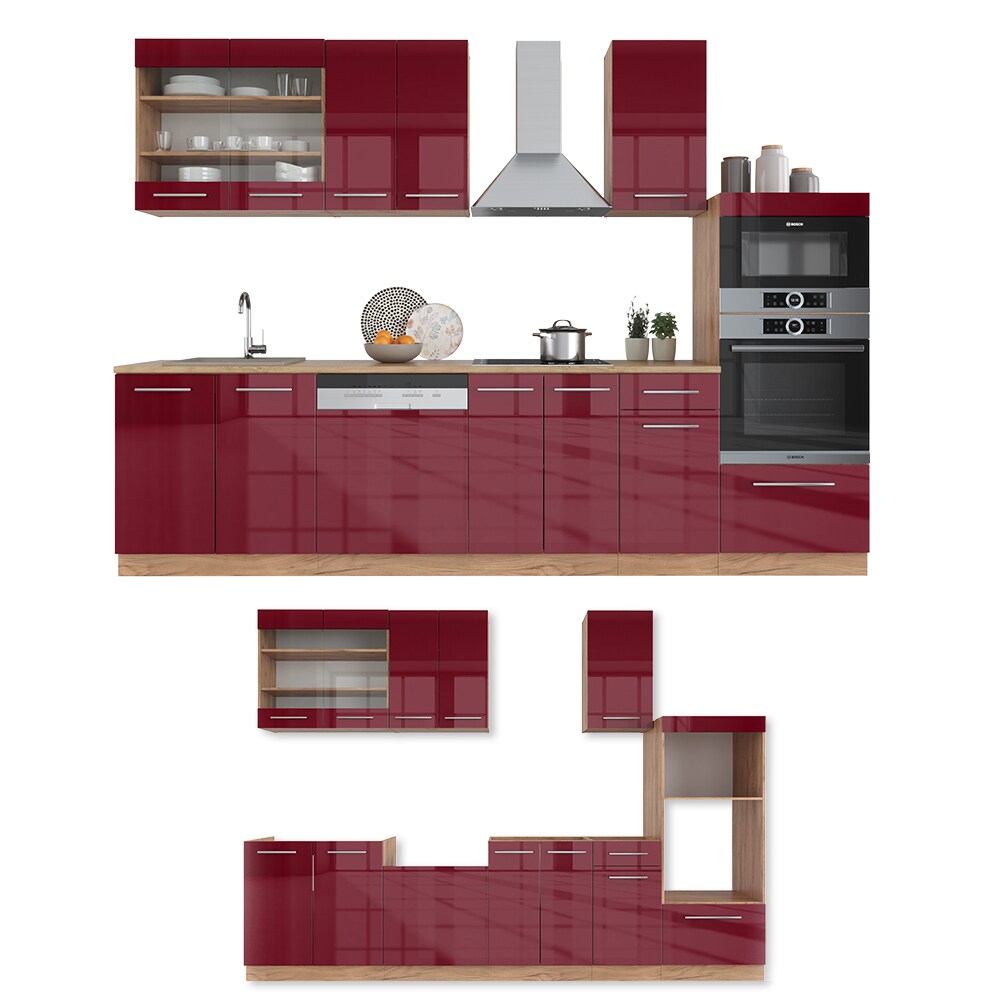 Vicco Küchenzeile Küchenblock Einbauküche Fame-Line Eiche Bordeaux Rot 300 cm modern Küchen Schränke Schubunterschrank Unterschrank Spülenunterschrank Hängeschrank Mikrowellenschrank Geschirrspülerblende