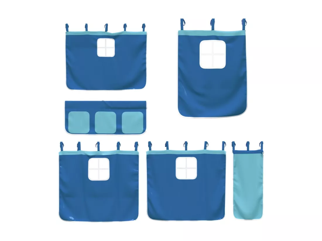 Lit mezzanine enfants et rideaux bleu 80x200cm bois pin massif