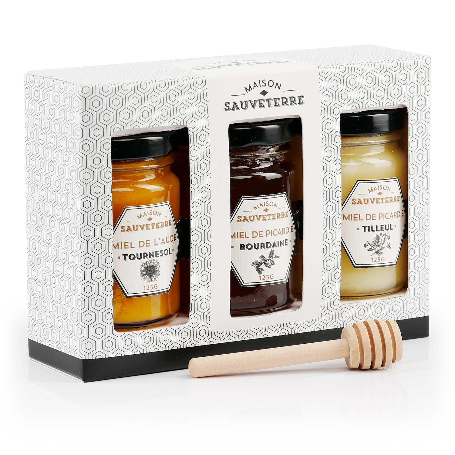 Coffret cadeau 3 miels de France et cuillère à miel
