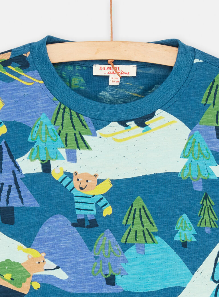 T-shirt bleu de France à imprimé montagne et ours pour garçon