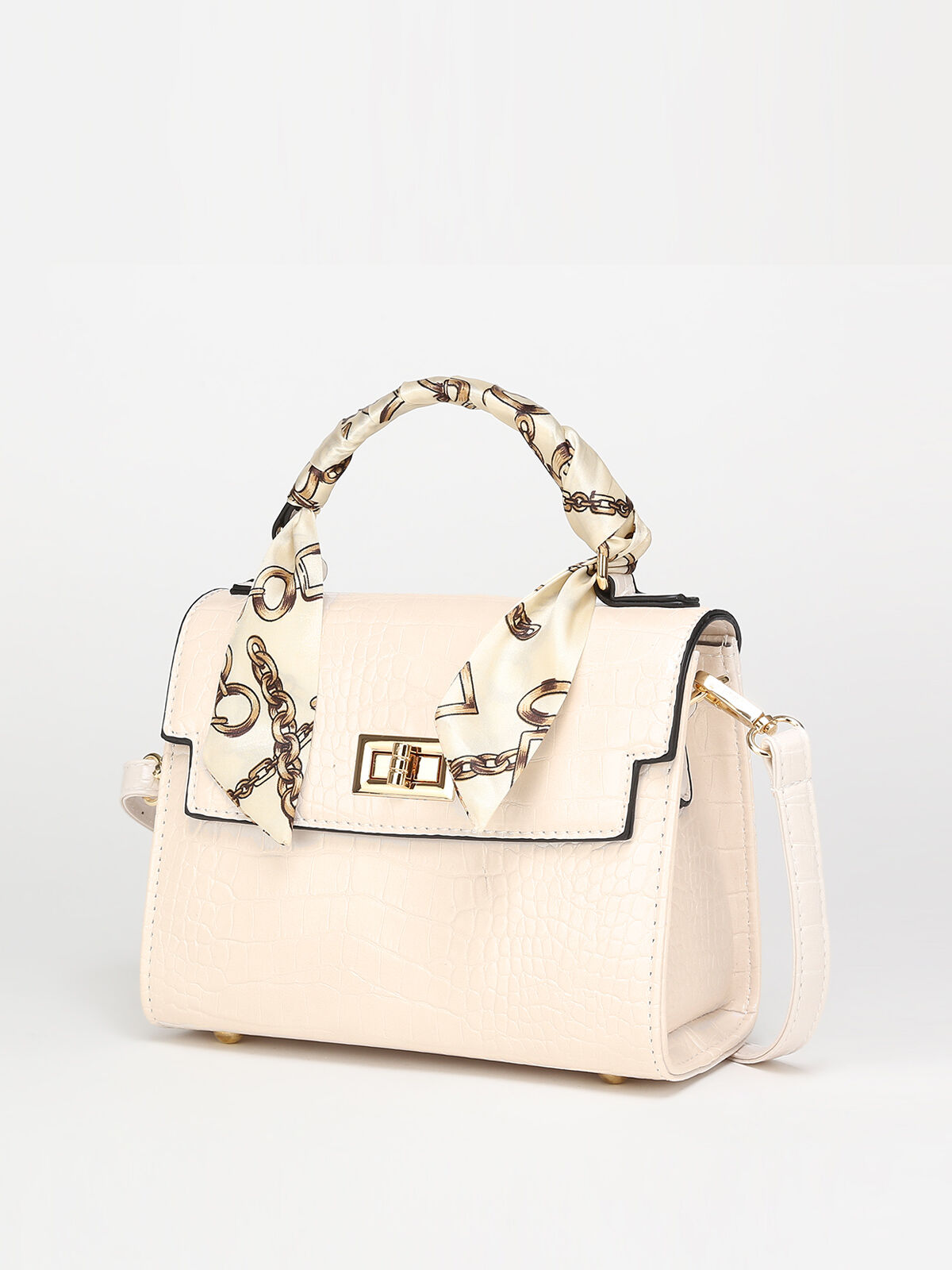 Sac à main effet croco avec foulard- Beige
