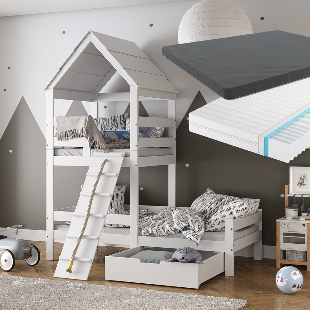 VitaliSpa Spielturmbett Kinderbett Spielbett Teddy Weiß modern 208x235 cm Massivholz Kinderzimmer Lattenrost Bett Schublade Matratze Abenteuerbett Kletterbett
