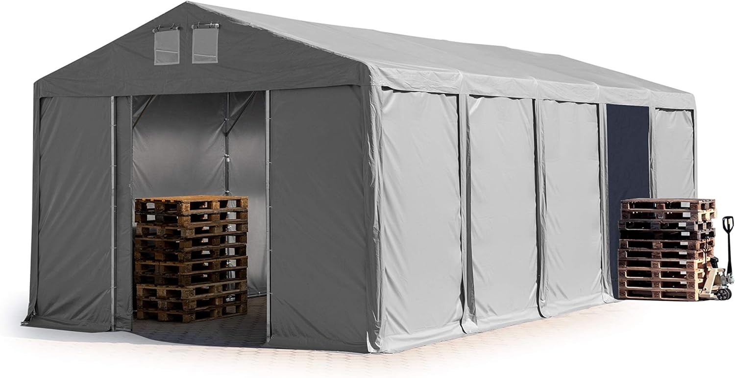 TOOLPORT Lagerzelt Industriezelt 5x10 m Zelthalle mit 3m Seitenhöhe PVC Plane 850 N grau wasserdicht Ganzjahreszelt mit Schiebetor
