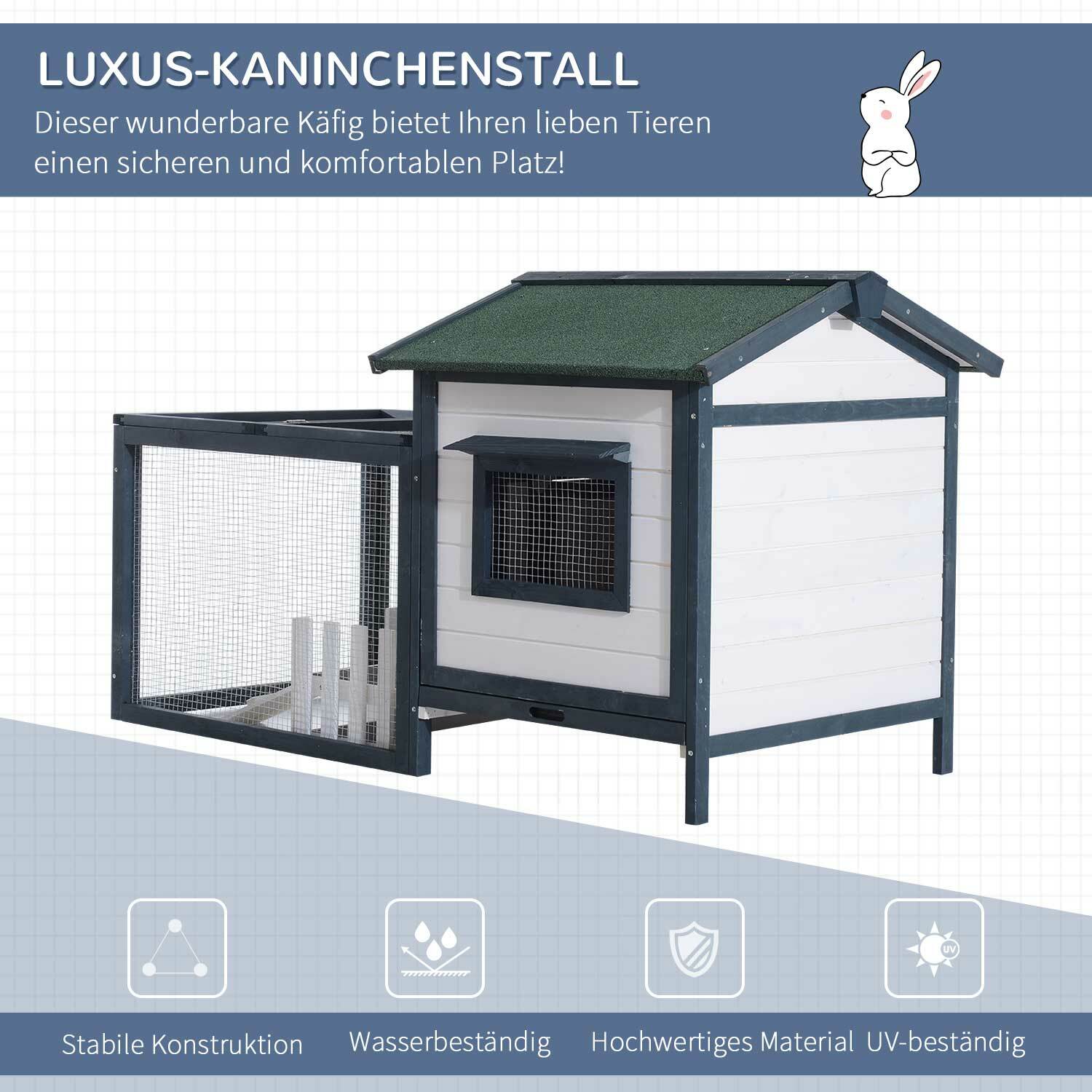 PawHut Meerschweinchenstall mit Freigehege grün, weiß 151 x 78 x 84 cm (LxBxH)