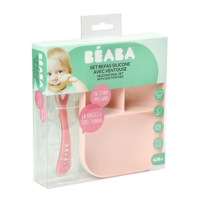 Set repas compartimenté en silicone avec ventouse - Rose - Ecru