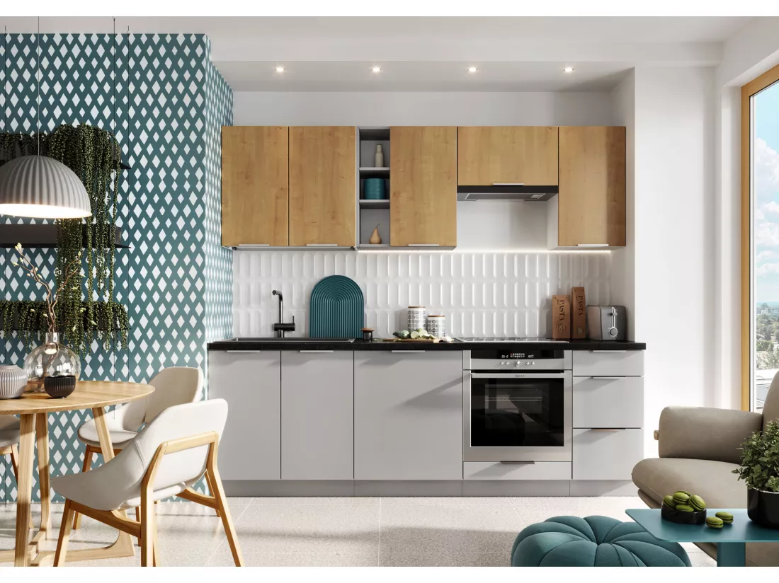 Cuisine complète Ela 8 éléments couleur chêne/gris clair - Longueur 240 cm