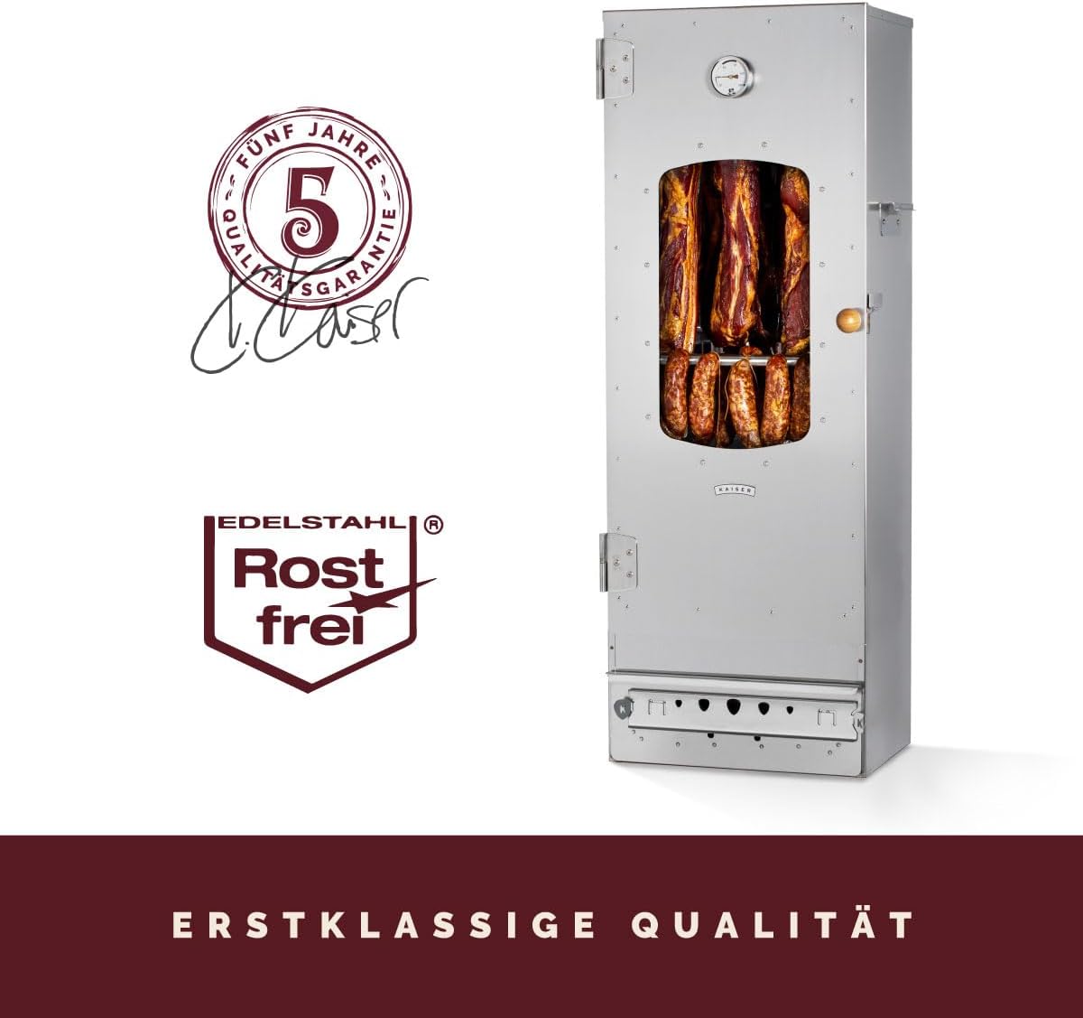 KAISER COMPANY '100' Hochwertiger Räucherofen/Räucherschrank aus Edelstahl - Holzbefeuerung I Tragbarer Smoker 110 cm I Perfekt zum Räuchern I Passen bis zu 15kg Fleisch I mit Zubehör I NICHTROSTEND