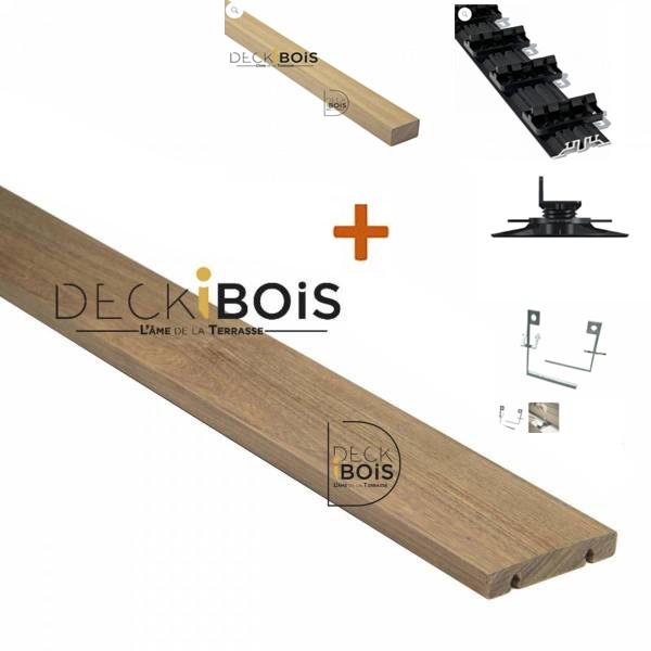 Pack complet 50m² lame de terrasse ipe grad clips lx2100mm avec lambourde, flat rail, plot pvc et clé de démontage
