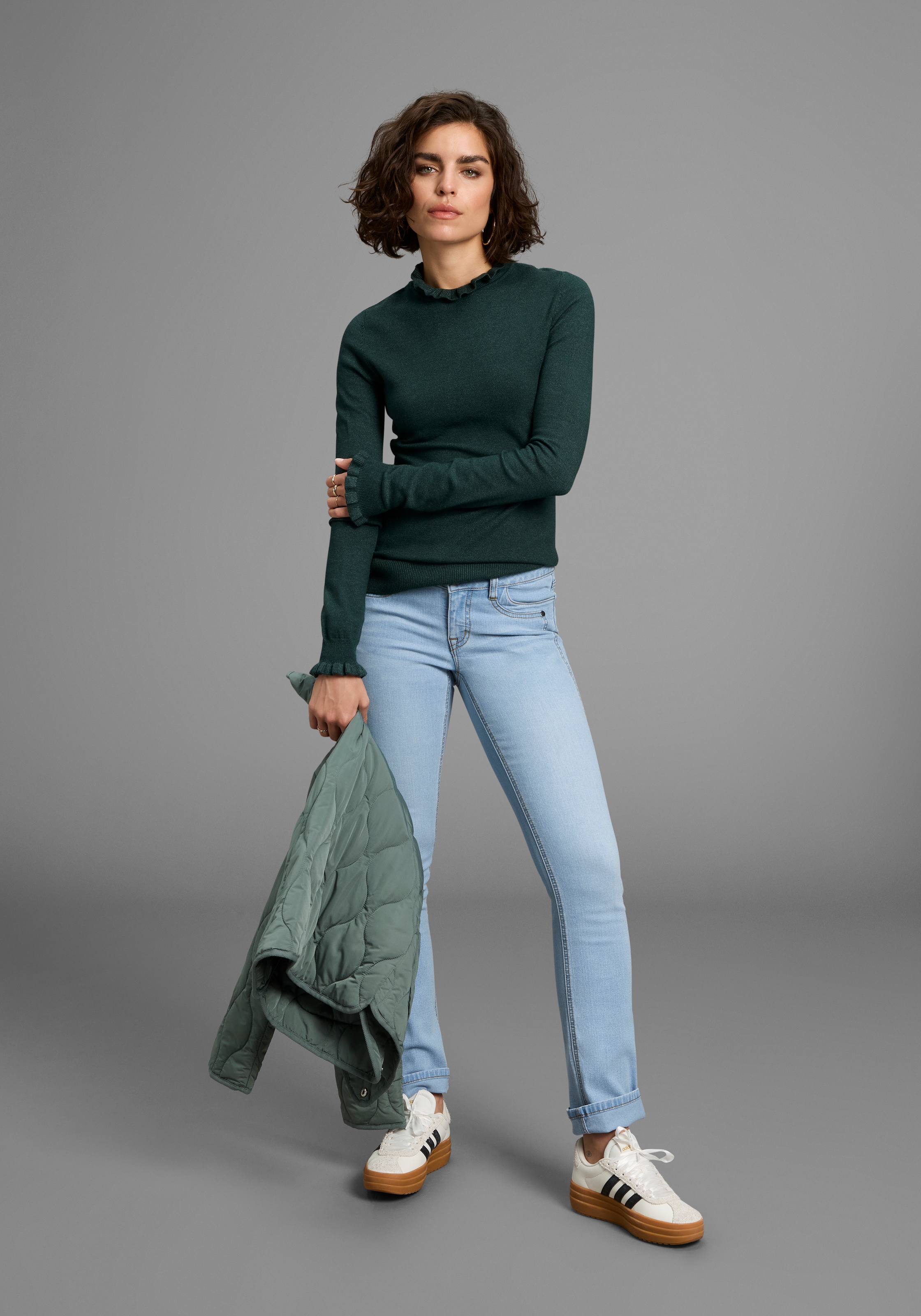 Laura Scott Stehkragenpullover , kuscheliger Winterstrick mit süssem Volant-Ausschnitt
