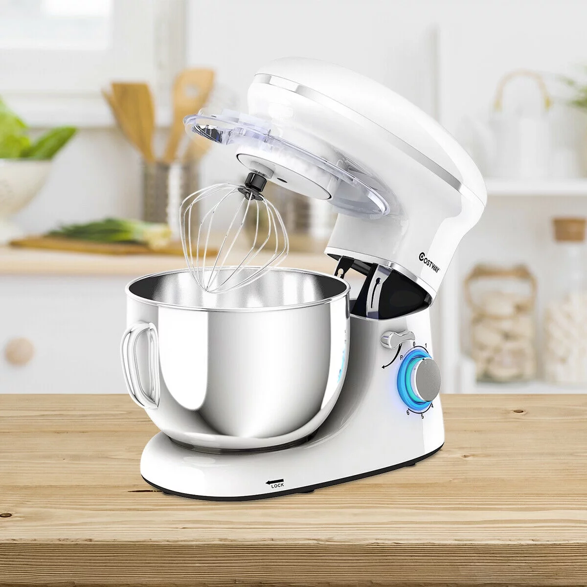Batedeira de pedestal Costway de 6 velocidades, 660 W, com gancho para massa e batedor de arame, 6,3 qt (6,3 litros), branca.