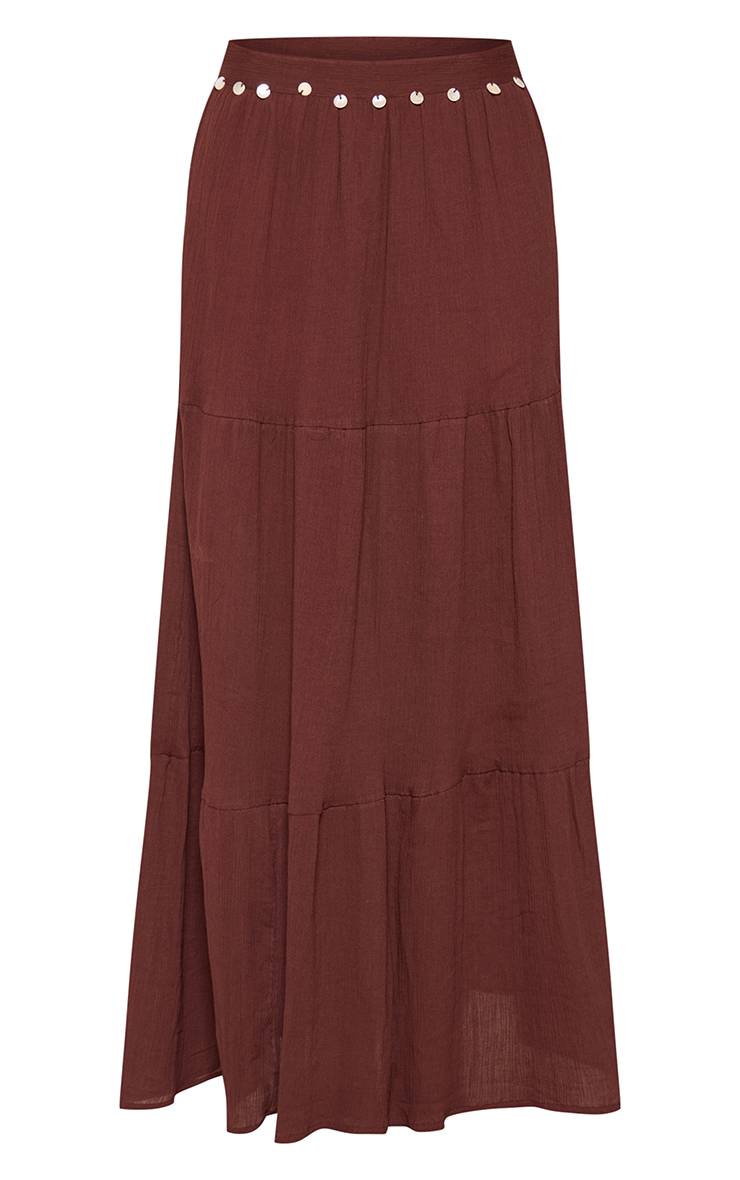 Marron Foncé Jupe Longue En Coton À Détails Sequins Coordonnée
